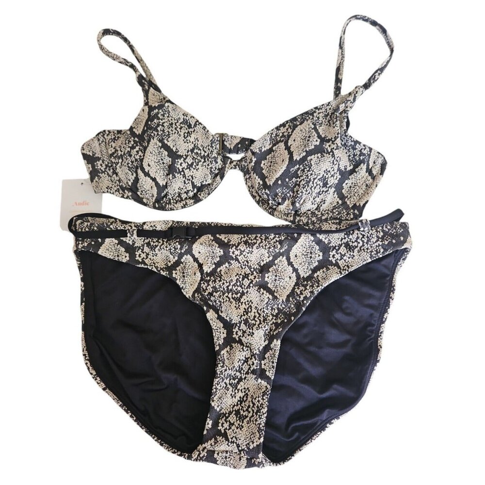 Andie Swim Medium The Sicily Top & Riviera Belted Bikini Bottom Snake Print NEW